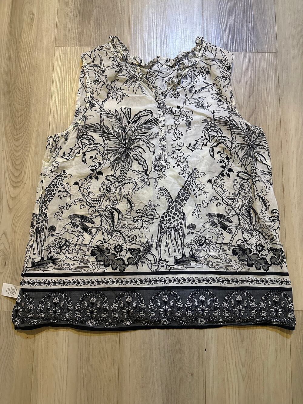 Talbots Safari Toile Sleeveless Blouse Large Cream Black